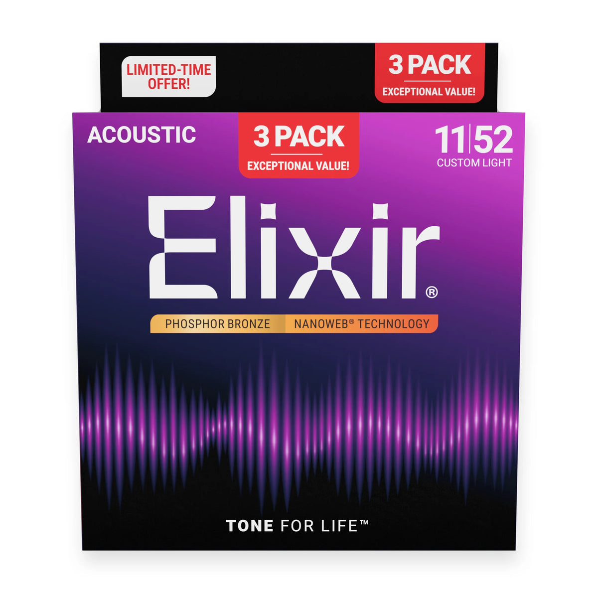 Elixir Nanoweb Acoustic Guitar Strings 11 - 52 (3 PACK)